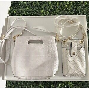 White Faux Leather Crossbody Purse & Phone Bag Set Gold Hardware Unbranded Scuff